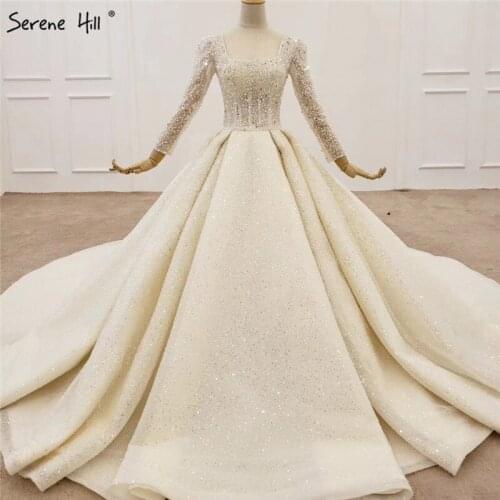 Serene Hill Dubai Champagne Long Sleeve Sexy Wedding Dress 2020 Luxury Beading Sequins Princess Bridal Gown Custom Made CHX0129