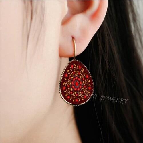 SUTEYI Handmade Water Drop Glass Earrings For Girl Women Stylish Deep Red Gray Wave Mandala image Romantic Earrings Jewelry