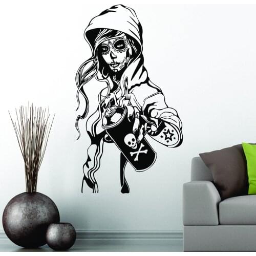 Tattoo Girl Wall Decal Candy Sugar Skull Graffiti Girl Tattoo Decor Wall Sticker Rockabilly Mexican Day of the Dead Art C927