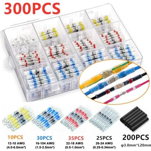 300PCS) 100PCS Heat Shink Solder Sleeves Terminals Wire Butt Connectors 26-10AWG Kits + 200PCS Heat Shrink Fast Connect Tube