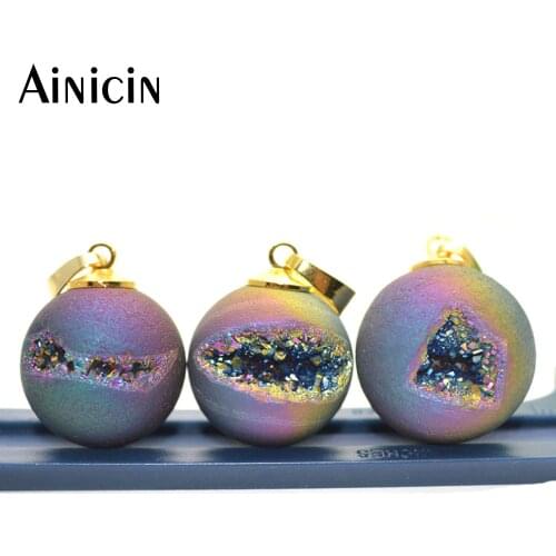Unique Big Geode Natural Drusy Ball With Gold Bail Pendants Rainbow Plated Fashion Women Jewelry Making Findings
