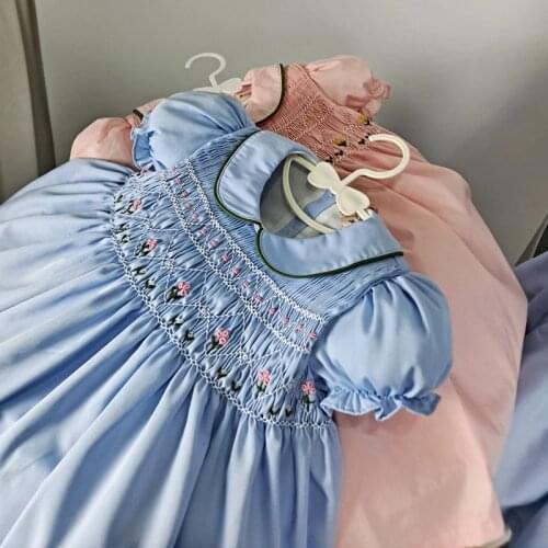 Little Girls Vintage Smocked Dresses Ball Gown 2021 Summer Girls Short Sleeve Embroidery Smock Dress For Party Birthday Vestidos