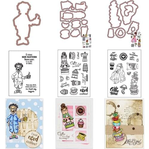 Cutting Dies and Clear Stamps Combo Casual Sir Lady Coffee Time Stacked Cups Hand Machine Dim Sum Artistics Letters DIY 2021