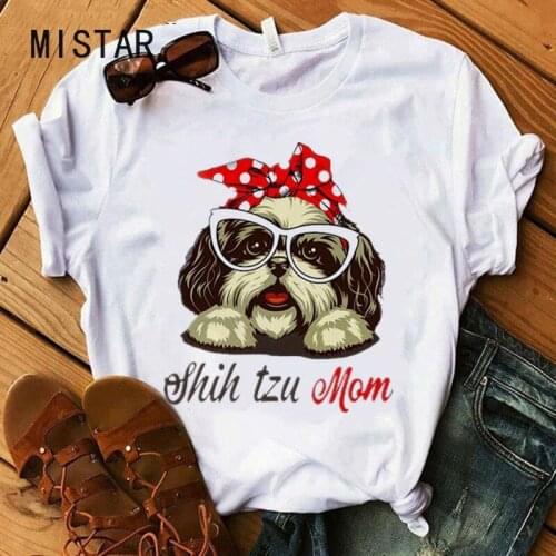 Shih Tzu Mom T-shirt Women Harajuku Bandana print mama Fashion Cartoon Tshirt Funny Graphic O-Neck Clothes Short Sleeve Tee Tops