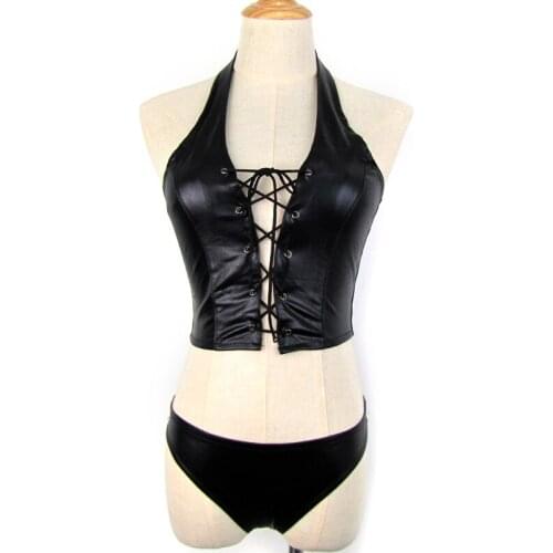Women Faux Leather Halter Bras G-string Lingerie Sets Bandage Nightwear Black