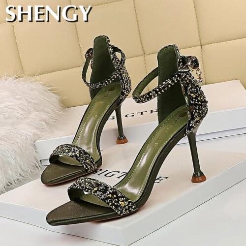Summer Rhinestone Ladies High Heels 2020 Retro Black Mysterious Elegant Cool High Heel Womens Shoes Fine Open Toe Sandals