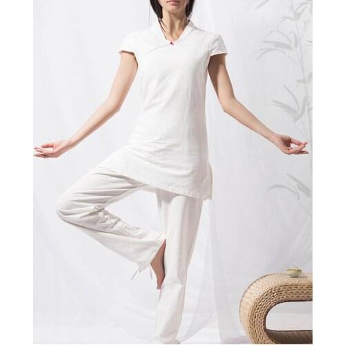 Women summer cotton&linen short sleeve yoga suit zen suits clothing lay meditation uniforms hanfu white top quality