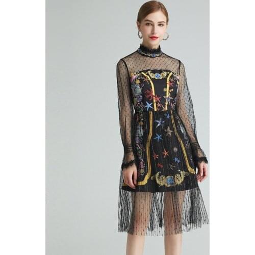 Dress Women Runway Fashion Spring Summer Long Sleeve Dots Mesh Appliques Beading Diamonds Midi DressBlack