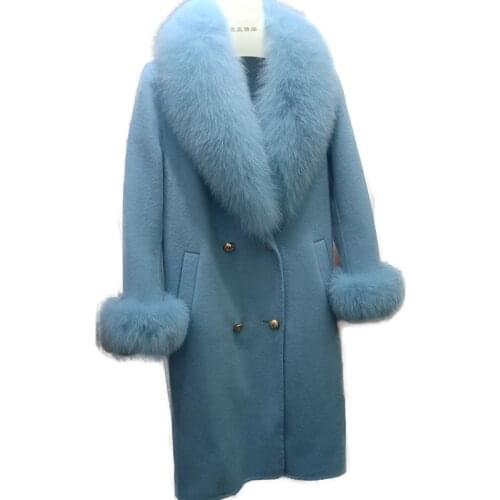 Autumn 2020 Wool Coat Women With Real Fox Fur Collar Female Outwear Jacket Warm Elegant Long Wool Jacket With Real Fox Fur Cuff