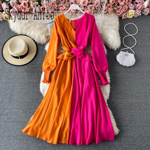 2021 Spring Summer Women Midi Party Dress Robe Femme Patchwork Long Sleeve V-Neck Slim Elegant Long Dresses