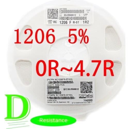 100PCS SMD Resistor 1206 5% RC1206JR-07 Series 0R 1R 1.1R 1.2R 1.3R 1.5R 1.6R 1.8R 2R 2.2R 2.4R 2.7R 3R 3.3R 3.6R 3.9R 4.3R 4.7R