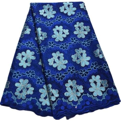 Hot sale 5 Yards blue High quality African Swiss Voile Lace with stones for wedding Cotton voile suisse dentelle Fabric-M13056