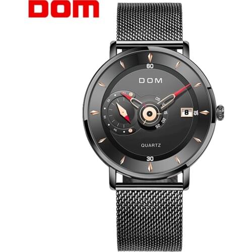 DOM Mens Watches Brand Stainless Steel Sports Watches Man Quartz Black Clock Waterproof Military Watch Gift For Men