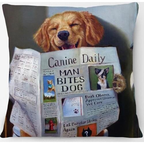 Dog Reading Cushion Covers 30X50cm 45X45cm Animal Painting Beige Linen Pillow Case Sofa Decoration