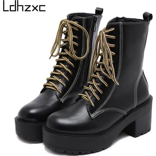 LDHZXC 2020 ankle Boots Shoes Woman patent leather Platform Spring New Chunky high heels Boots For Women Comfortable Drop