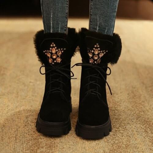 Fashion Women Winter Suede Ankle Boots Round Toes Lace Up Snow Boots Girls Warm Chunky Heels Ladies Platform Furry Shoes Black