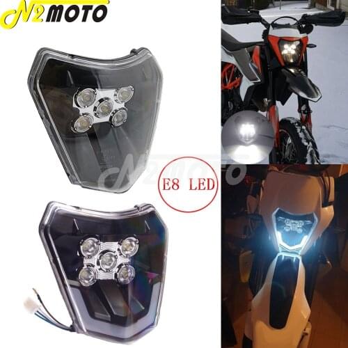 Motocross Enduro Hi/Lo Beam E8 LED Headlight for EXC XCF XCW TE TC FE 125 250 300 350 450 530 690 Six Days SMC R EU/US Dirt Bike