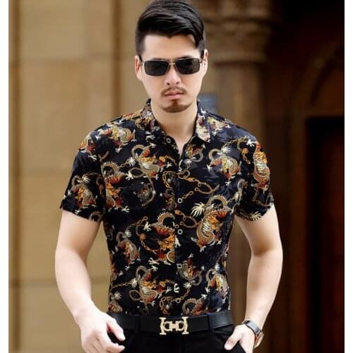 Dragon Chinese Style Pattern Print Silk Business Casual Short Sleeve Shirt Mens Summer Fashion Breathable Dress Shirts Soft Thin