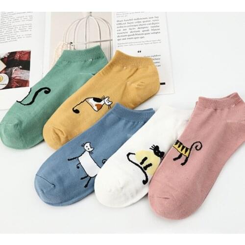 New Product Ladies Cartoon Cat Pattern All-match High-quality Cotton Material Invisible Socks Five Pairs On Sale