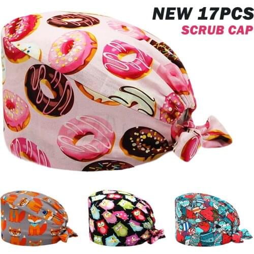 New Scrubs Cap Cotton Adjustable Beauty Salon Dental Clinic Lab Nursing Caps Anime Printing Tie Back Work Scrub Hats Wholesale