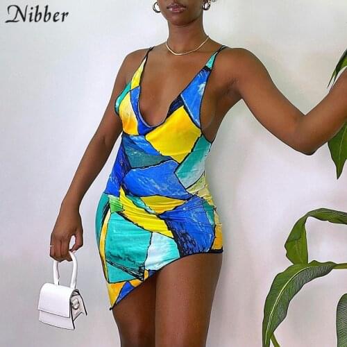 NIBBER Vintage Color Print Sling Mini Dresses For Womens 2021 Summer Street Casual Sleeveless Deep V-Neck Beach Vacation Dress