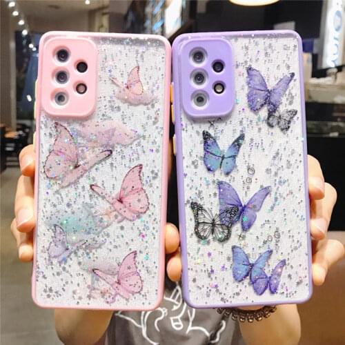 Transparent Glitter Butterfly Phone Case For Samsung A72 A52 A71 A51 A42 A50 A32 5G A31 A12 S20FE S21 Ultra Soft Back Cover