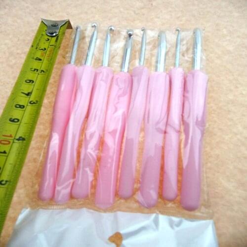 8size/set 15 set/lot 12cm Pink Rubber Handle Crochet Hooks Knitting Needle DIY Carfts Yarn Knitted Tool