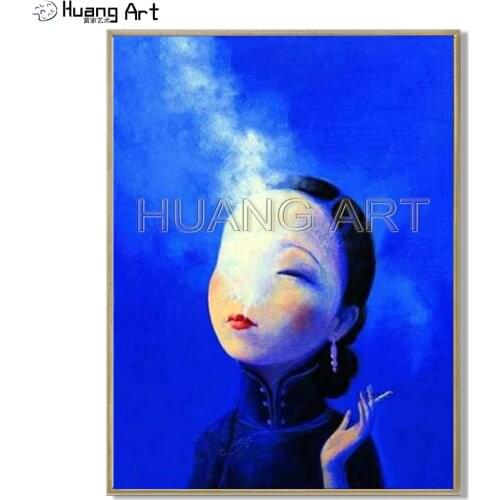 Hand-painted Classic Chinese Beauty Girl Oil Painting on Canvas Smoking Girl Portrait Painting for Living Room Decor Painting