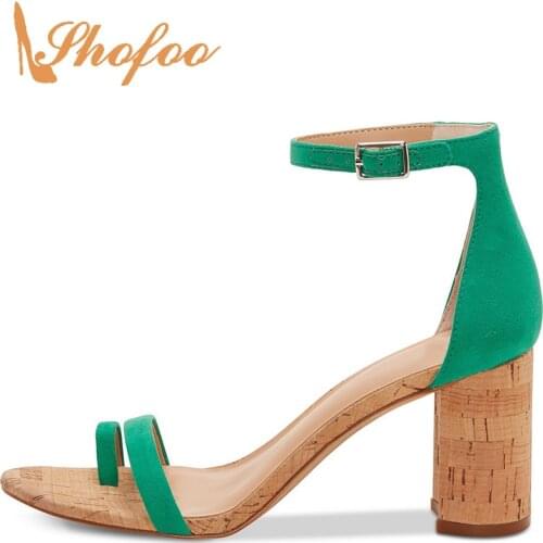 Summer Green Black Ankle Wrap Sandals Woman High Square Heels Bukcle Strap Large Size 31 36 Ladies Dress Shoes Footwear Concise