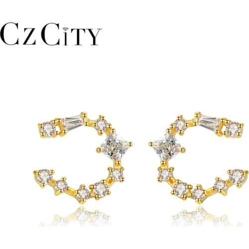 CZCITY Fashion Geometry U Style Cubic Zirconia Stud Earrings for Women 925 Sterling Silver Earrings Jewelry Party Wearing Bijoux