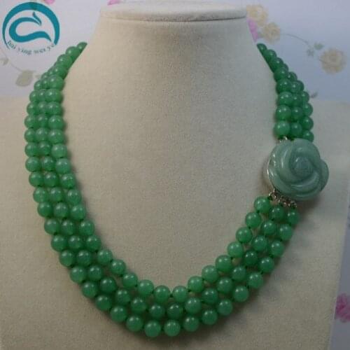 Unique Pearls jewellery Store Classic AA 8mm Green Jades 3Rows Round Jades Jewelry 45cm to 50cm Flower Clasp