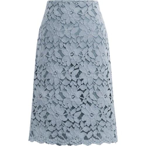 Office Bodycon Hollow Out Lace Elegant A-line Women Skirts High Waist Knee Length Skirt