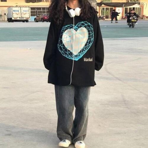 Autumn Women Loose Kpop Black Heart Printe Sweatshirts High Street Animals Cool Loose Harajuku Women Hip Hop Hoodie Fashion Tops