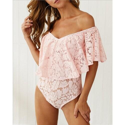Womens sexy off-the-shoulder pink lace bodysuit