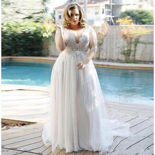 Sexy V Neck Plus Size Wedding Dresses Lace Capped Sleeves Vestidos De Novia A Line Tulle Wedding Bride Formal Gowns