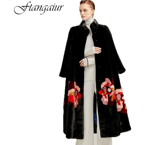 Ftangaiur 2020 Winter Import Velvet Mink Fur Coat Full Sleeve Womens PrintMandarin Collar X-Long Natural Real Mink Fur Coats
