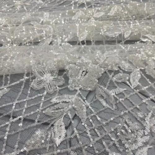 5yards/pc) High quality white African sequins tulle lace fantastic embroidered wedding French net lace fabric for dress FZX124