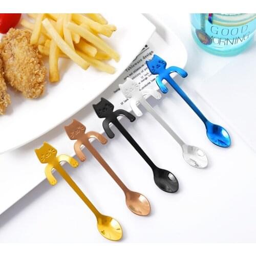 7 Colors 304 Stainless Steel Coffee Spoon Teaspoon Cartoon Cat Spoon Long Handle Flatware Coffee Drinking Tools Kitchen Gadget