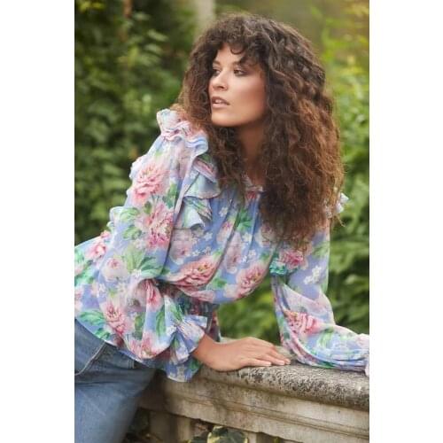 England Needl*Threa* 100% polyester ruffles fly sleeve nipped waist chiffon long sleeve shirt