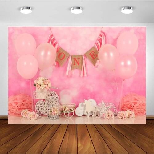 Baby Girl Photography Backdrops Newborn 1ST First Birthday Banner Background for Photo Studio Pink Balloon Backdrop Photocall