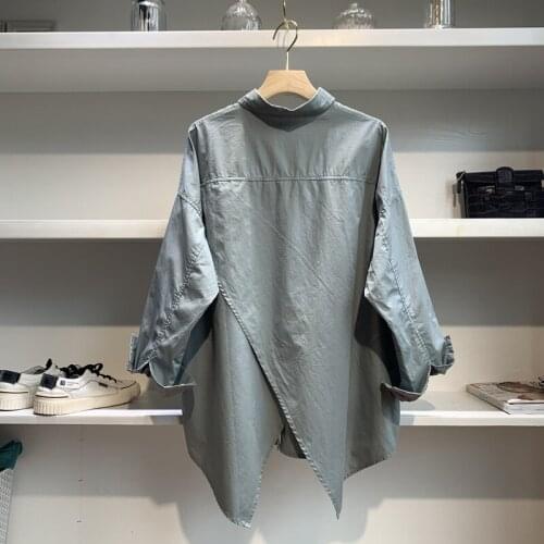 Cotton 100% Asymmetrical Women Shirts Summer New 2021 Turn-Down Collar Long-Sleeved Pocket Casual Female Outwear Coats Tops