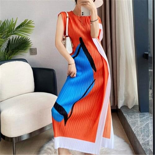 Miyake Fold Fashion Irregular Design Sense Printed Dress 2021 Women Summer New Sleeveless Straight Vest Long Dress Dress Women