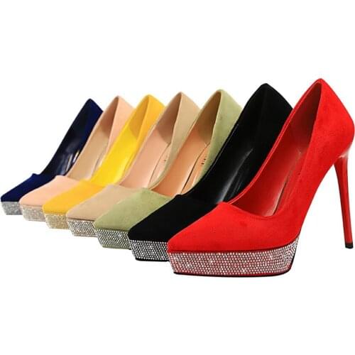 Korean fashion ultra-high heel, thin heel, pointed suede, water drill, waterproof platform, nightclub, thin sexy womens single