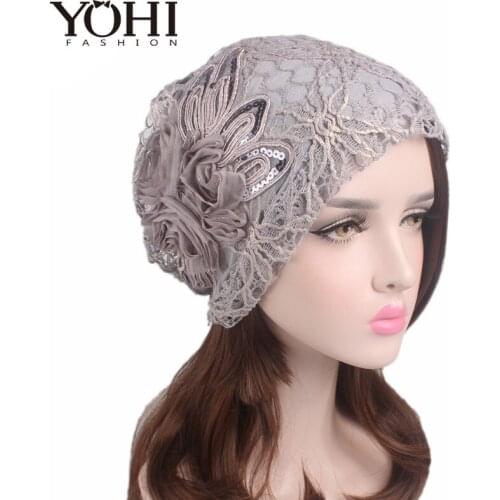 New lace flower brimmed luxury sequined flower slouchy Baggy Hat Beanie Wraps Wrinkle Cap