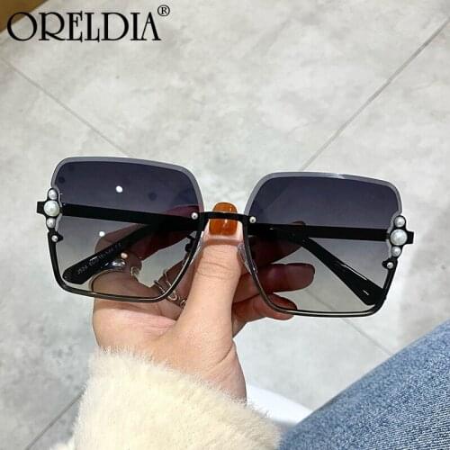 2021 Latest Square Sunglasses Ladies Fashion Trend Personality Inlaid Pearl Rimless Glasses Gradient Color Sunglasses Hot UV400