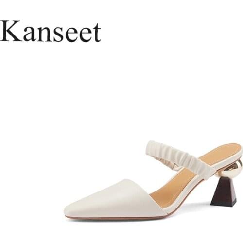 Kanseet 2021 New Arrival Women Shoes Summer Genuine Leather Fashion Elegant Handmade Hot Sale White Khaki High Heel Slippers