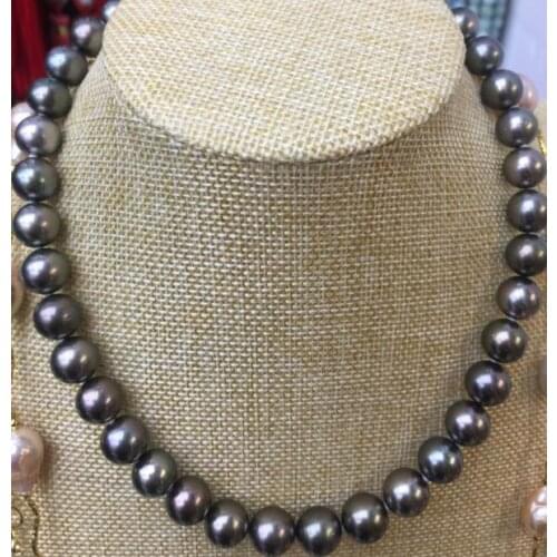 Stunning 11-12mm freshwater black green pearl necklace 18inch 925silver