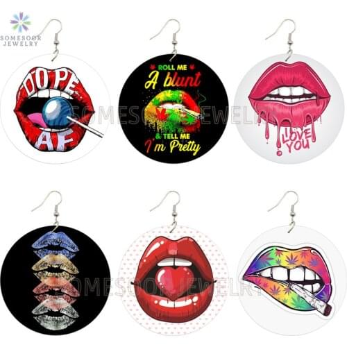 SOMESOOR Cute Lips Roll Me A Blunt Pretty Wooden Drop Earrings Both Sides Printed Dope Ear Loops Dangle Jewelry For Women Gifts