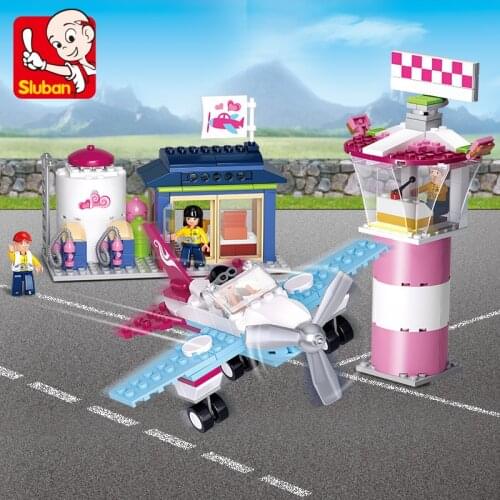 SLuban 284pcs B0608 Pink Dream Series Dolphin Bay Airport Building Block House Assembled Toy For Girls Christmas Birthday Gifts