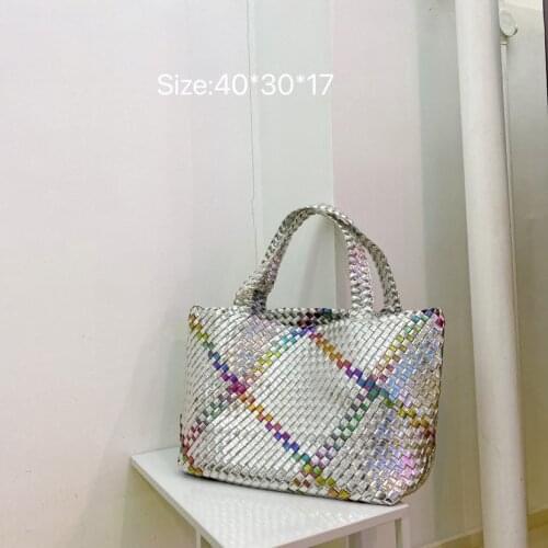 Fashion Colorful PU Faux Leather Rattan Woven Large Capacity Tote Bag With Zipper Pocket Travel Beach Shoulder Bag Silver Gold